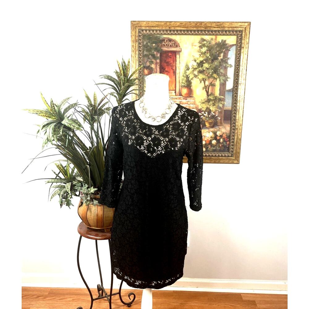 Ali & Kris Black Lace Dress Women' Large 3/4 Sleeve Open Back Cocktail Fairycore